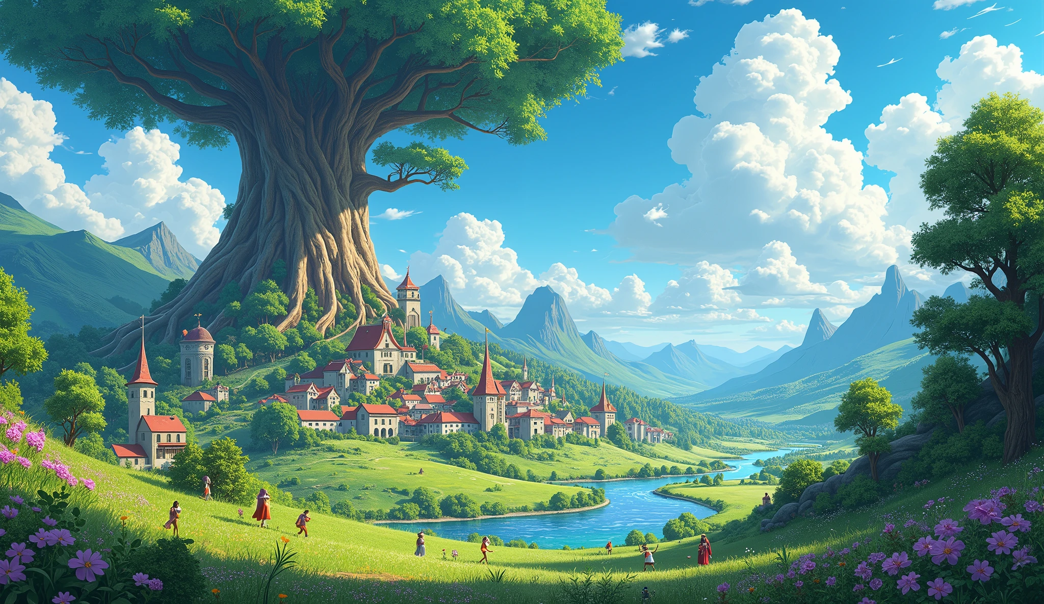 Highly detailed anime style stills, studio ghibli style,4k,landscape a beautiful rural landscape with vibrant flowers, lush meadows, Rolling Hills, winding currents, picturesque town, impressive cloudy sky, natural lighting, cinematographic composition, impressionist style, vivid colors with a futuristic medieval town European style house，The enchanting world of Harry Potter， animated background art, Anime style cityscape, Magical and colorful magical world. , Immerse yourself in a fantasy atmosphere full of wonder and magic ,In the center of the city stands an impressive gemstone, the world tree, Rising above the landscape，Straight to heaven,Its trunk is huge and gnarled., The branches shine with colorful gems. beautiful animated landscape, There are orcs on the street.，elf，Little monsters surround the big futuristic tree
