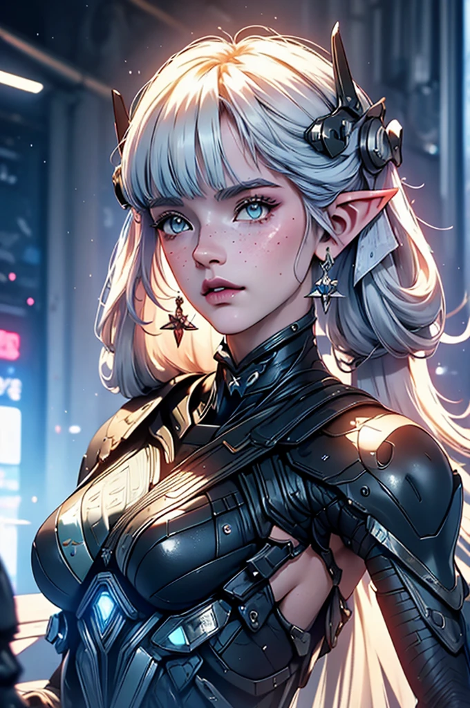 a close up of a female, pastel goth, big elf girl with freckles, light grey eyes, pointy ears, freckles, many freckles on face, white horns, unreal 5. rpg portrait, 8k portrait render, unreal engine 5, beautiful female elf, unreal engine character art, female character, female lead character, there is a woman in a black leather outfit posing for a picture, goth cybersuit, wearing techwear and armor, cybersuit, dark natasha, cyber suit, clothed in sci-fi military armor, cybersuits, diverse cybersuits, cyberpunk 2 0 y. o model girl, in a dark space mercenary outfit, cyberpunk gorgeous goddess