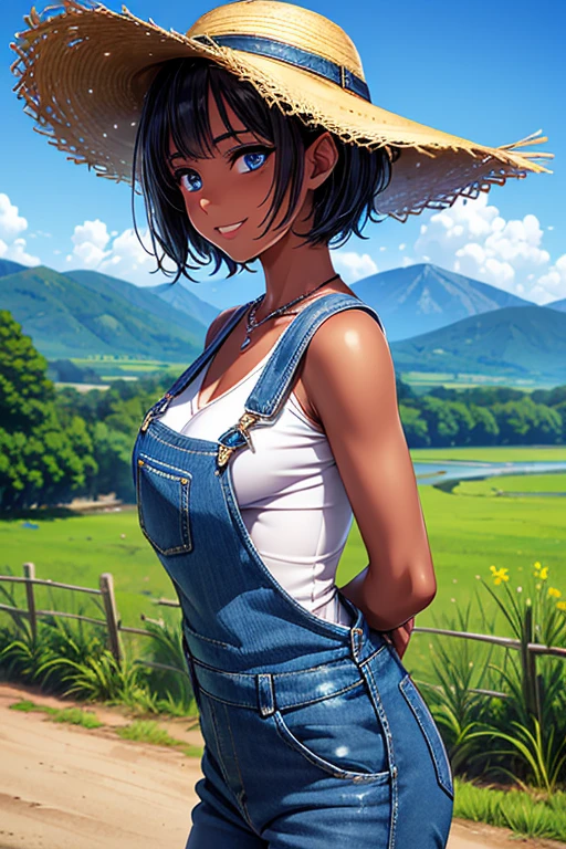 #Basics Girl posing for a photo, animeのcute少女, ((One Girl)), ((Baby Face:1.5)), ((cute:1.5)), (()),
break
#Clothing Accessories
(blue denim overalls:1.4) + (White shirt) + (Long blue denim jeans:1.4) + ((Straw hat)),
((black gemstone earrings)), (Silver Necklace),
break
#Features
((Black Hair:1.2)), ((Pixie Cut Hair) : Very short hair + Curly hair ),
((Big eyes:1.4)), ((blue eyes)),
(Small breasts:1.2), (中性的な顔のFeatures),
(Tanned dark skin:1.3),
break
#background environment
((noon, Rural landscape + Riverside + blue sky)),
#Facial Expression Pose
((Wicked Smile:1.2)), ((hand on headwear, Playing in the river)),
#composition
((Side angle:1.2)), ((Cowboy Shot)),
break
#Body parts elements
(Slim figure),
(Symmetrical facial features),
(Detailed Hair, Beautiful Hair, Shiny Hair),
(double eyelid, Long eyelashes, Thin eyebrows:0.5),
(Detailed eyes), (Beautiful Eyes), (Sparkling eyes), Glitter Eyeliner,
(Human Ear),
(Beautiful Nose, Thin Nose),
(Glossy Lips, Beautiful Lips, Thick lips),
(Detailed skin, Textured skin, Beautiful Skin, Oily skin),
break
#quality
(((最高quality)), ((masterpiece:1.3)), ((Very detailed))), ((Ultra-high resolution)), ((16K)), ((1080P)), ((Full HD)),
((Anatomically correct)), ((Realistic)), (3DCG), ((Oil painting)),
((comics, anime)), (CG illustration), (RAW Photos),