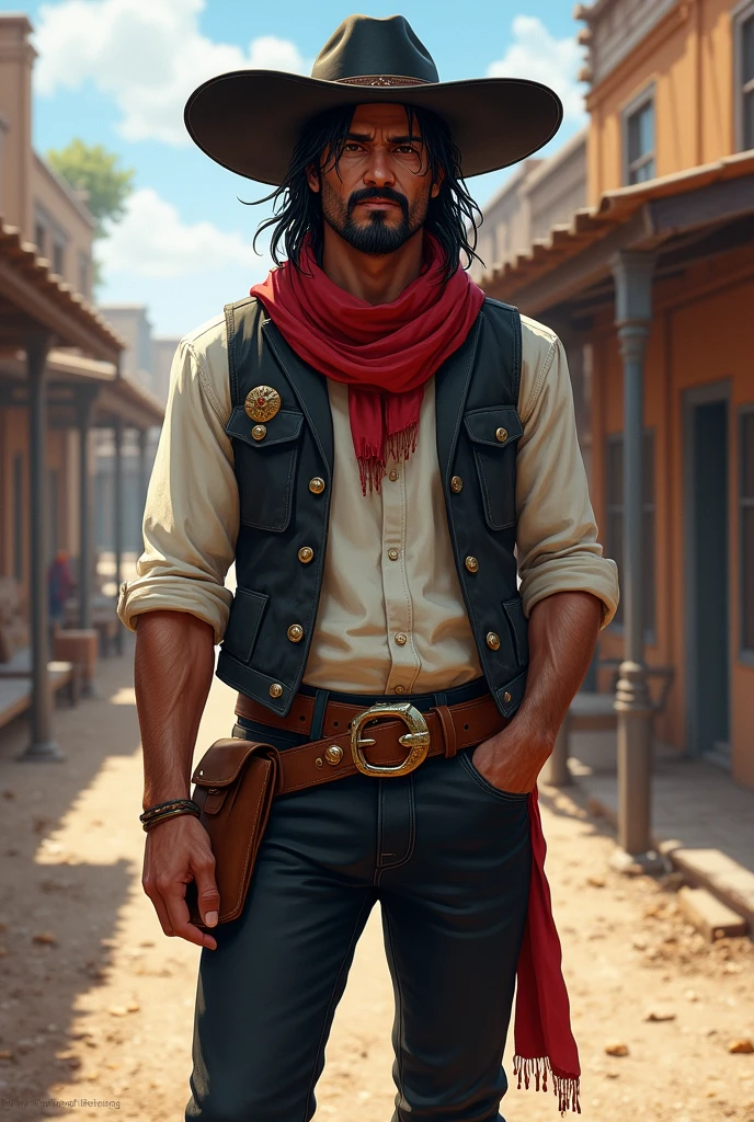 Create a full-body artwork of a well-groomed adult Mexican street vendor with long, messy dark hair and a well-groomed mustache and goatee. He wears a dark vest and a plain white shirt. He wears a black hat. He wears black pants with a buckle. A red scarf is wrapped around his neck and boots with spurs. One hand is in his pocket. The character should be styled in a fantasy RPG art style, set in the Wild West. He is a mature man and finished art.