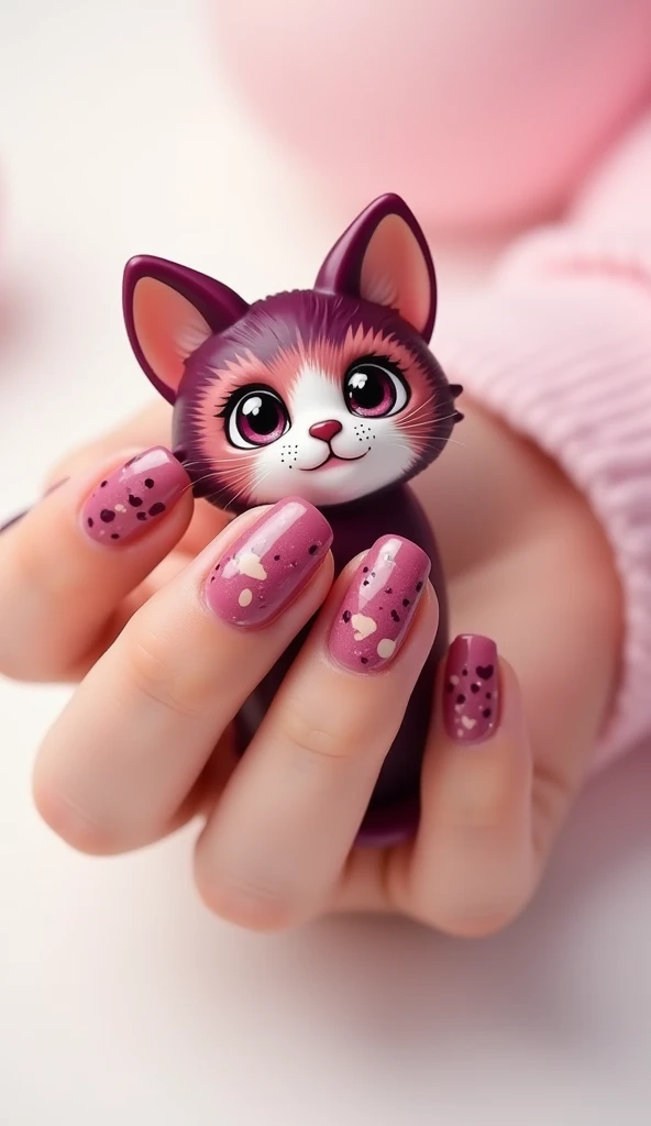 Create a colourful cute cat art style nail design in wine colors in an square shape with a white background with (realistic fingers)
