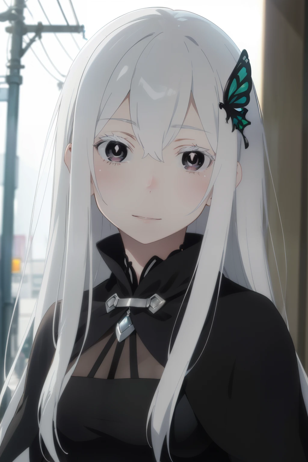 One girl,alone,Long Hair,Gray Hair,very Long Hair,Hair between the eyes,colored eyelashes,bright瞳,紫colorの目,
é”å¥³è£,Butterfly Hair Ornament,Black collar,Black capelet,Black Dress,Long sleeve,Long dress,Vertical striped dress,Medium chest,, Amazing visuals, High resolution,masterpiece,Highest quality,, 1,young woman,beautiful指,beautiful長い脚,beautiful体,beautiful鼻,beautifulキャラクターデザイン, Perfect Eyes, perfect face,Expressive eyes,
Official Art,Very detailed CG ユニティ 8k 壁紙, Perfect lighting,colorful, bright_front_face_Lighting,Glowing Skin, 
(masterpiece:1.0),(Highest_quality:1.0), 超High resolution,4K,Very detailed,
photograph, 8k, High resolution, High resolution, Absurd:1.2, 400 for Kodak Port, Film Grain, Blurred Background, Bokeh:1.2, Lens flare, (Vibrant_color:1.2), (beautiful_face:1.5),(narrow_Waist), ,Browsing Caution,