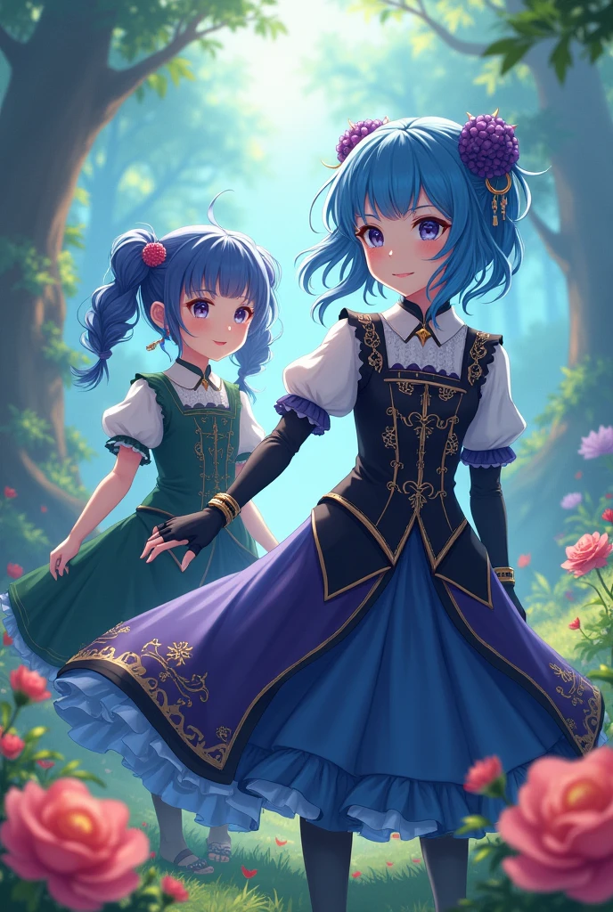 2 young girls, one with blueberry-colored hair with a bun, long hair in front, gloves to the shoulder with a long dark blue and black dress.. The second one has two wavy pigtails and a short dark green and white dress anime middle dresses gemshing impact