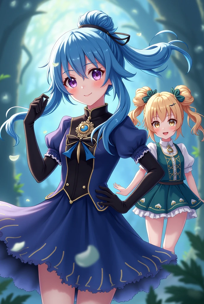 2 young girls, one with blueberry-colored hair with a bun, long hair in front, gloves to the shoulder with a long dark blue and black dress.. The second one has two wavy pigtails and a short dark green and white dress anime middle ages dresses gemshing impact