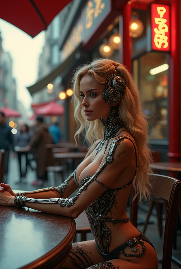 Sexy female cyborg sits erotically at a table in a street cafe, foot on foot, (Best quality, 4K, 8 K, a high resolution, masterpiece:1.2), absurdity, masterpiece, Ultra detailed, (realistic, photorealistic, photorealistic:1.37), the hard parts, HDR, (the hard parts:1.12), (hyper detailed, hyper realistic, soft lighting, spicy:1.2), beautiful figure, Magnificent Anatomy, (the hard part, hyper detailed:1.15), Smooth skin,