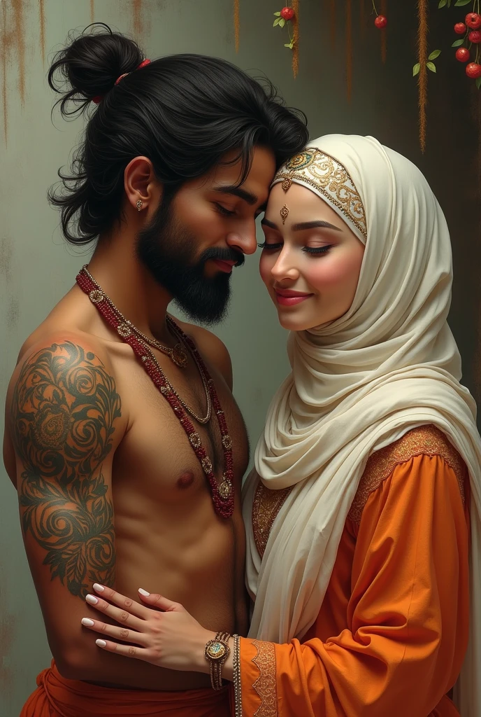 "A Hindu man with a tattoo on his arm, sitting beside a Muslim woman wearing a hijab, both smiling and looking at each other lovingly in a traditional, artistic style."