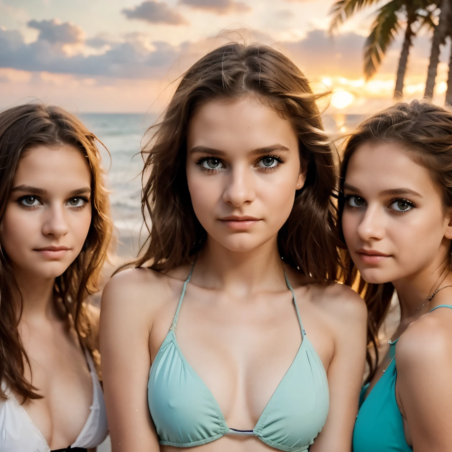 a group of byoung oys and young girls near the beach on a summer night, beautiful detailed eyes, beautiful detailed lips, extremely detailed eyes and face, long eyelashes, age, candid, natural outdoor lighting, sunset sky, crashing waves, sand, palm trees, vibrant colors, cinematic, dramatic, 8k, high resolution, photorealistic, hyper detailed, stunning, masterpiece