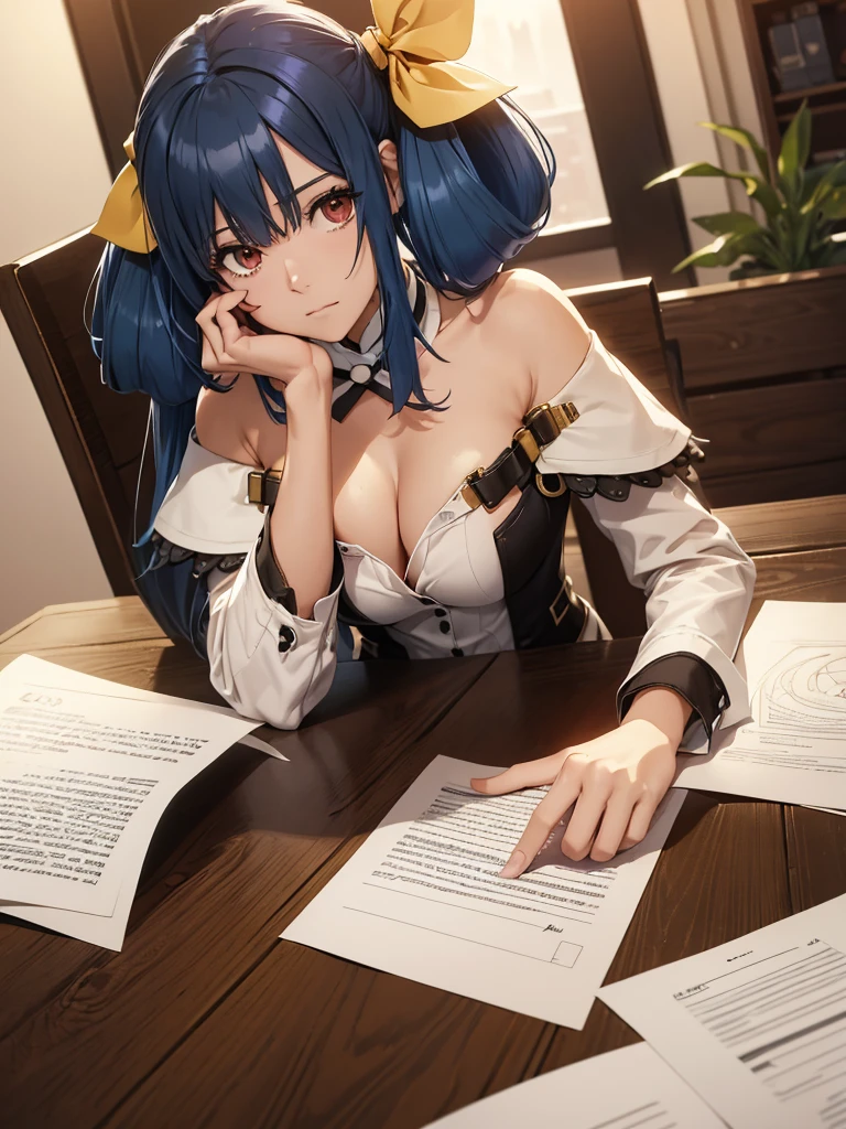 (masterpiece、top-quality、hight resolution、Unity 8k、extremely details CG:1,Best Picture), ggdizz, hair ribbon, tail, "A woman sitting at a desk, just after signing a contract to become a porn star. She holds the pen in her hand, looking down at the signed document with a mix of uncertainty and resolve. Her posture is slightly tense, and her expression reflects a moment of realization, as if she’s coming to terms with the decision she has just made."