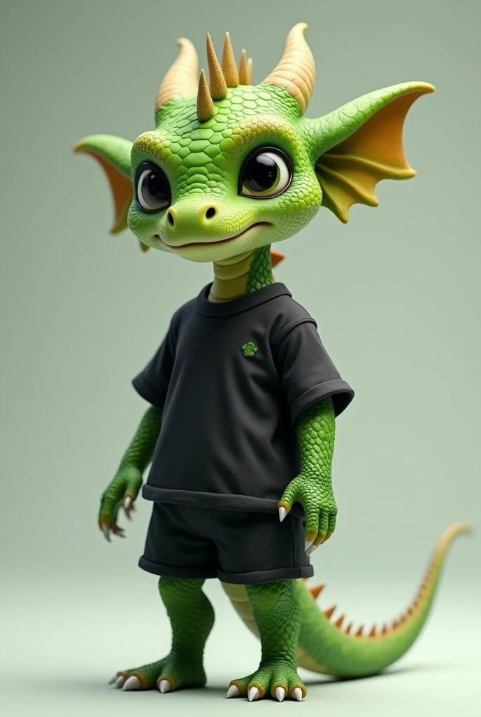 Green baby dragon without horns and wings with a human body wearing a black shirt and black soccer uniform