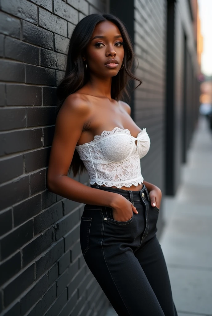 Girl:
Age: 23
Height: 175 cm
Nationality: African American
1. Face:
Face shape: Oval face with dark skin of a warm chocolate tone.
Eyes: Large brown eyes with long lashes. The gaze is soft and calm.
Lips: Full, expressive lips of a natural dark pink color, with a slight smile.
Nose: Straight nose with rounded nostrils, of neat shape.
Hair: Medium length, white in color, straight with a slight wave.
The skin is natural, with no shine.
2. Figure:
Body type: Average height with a feminine figure and smooth curves. The waist is well-defined, hips are rounded, creating an hourglass silhouette.
Breasts: Size 3, natural shape.
Shoulders: Slightly sloped, giving the figure a softer appearance.
Legs: Slim, long legs with toned muscles.
3. Clothing:
Top: White lace corset.
Bottom: Black oversized jeans.
Shoes: High white sneakers.
4. Pose:
Dynamic pose, with hands in pockets.
5. Location:
Background: Black brick wall on a street.
Lighting: Natural daylight.
Details: Some bricks are broken.
Mood: Cozy and calm atmosphere, the girl appears relaxed and enjoying solitude.