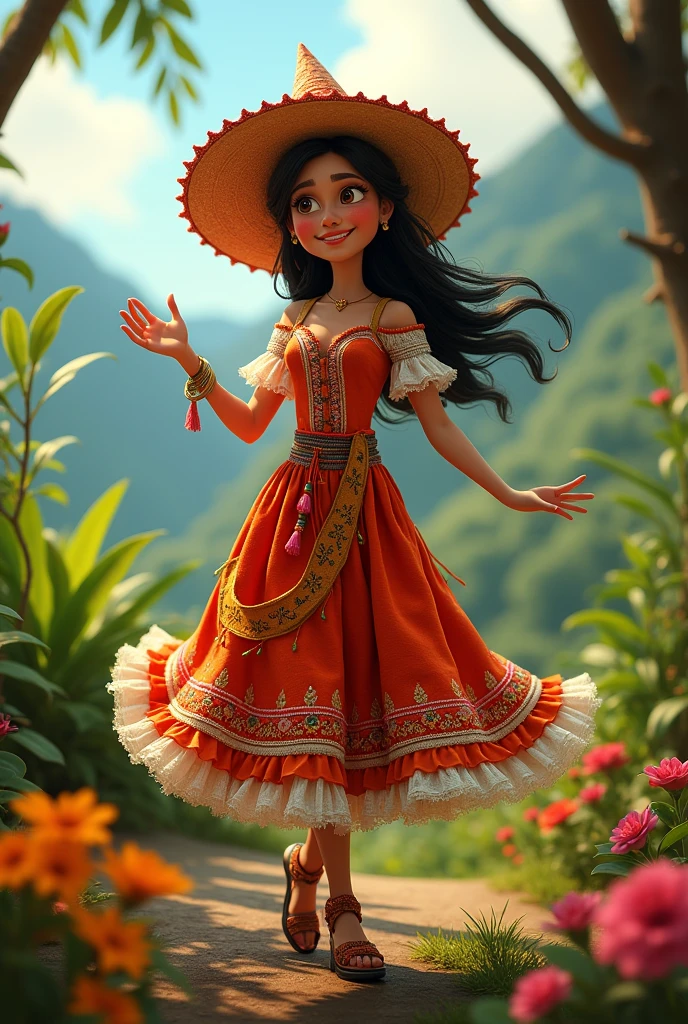 Make an animated picture of a witch in a typical Costa Rican dress