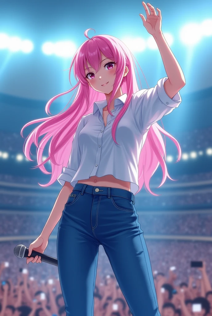 make me a japanese idol girl with long pink hair and white shirt and blue jeans in the stadium performing her new songs
have microphone in her hand
kinda real person