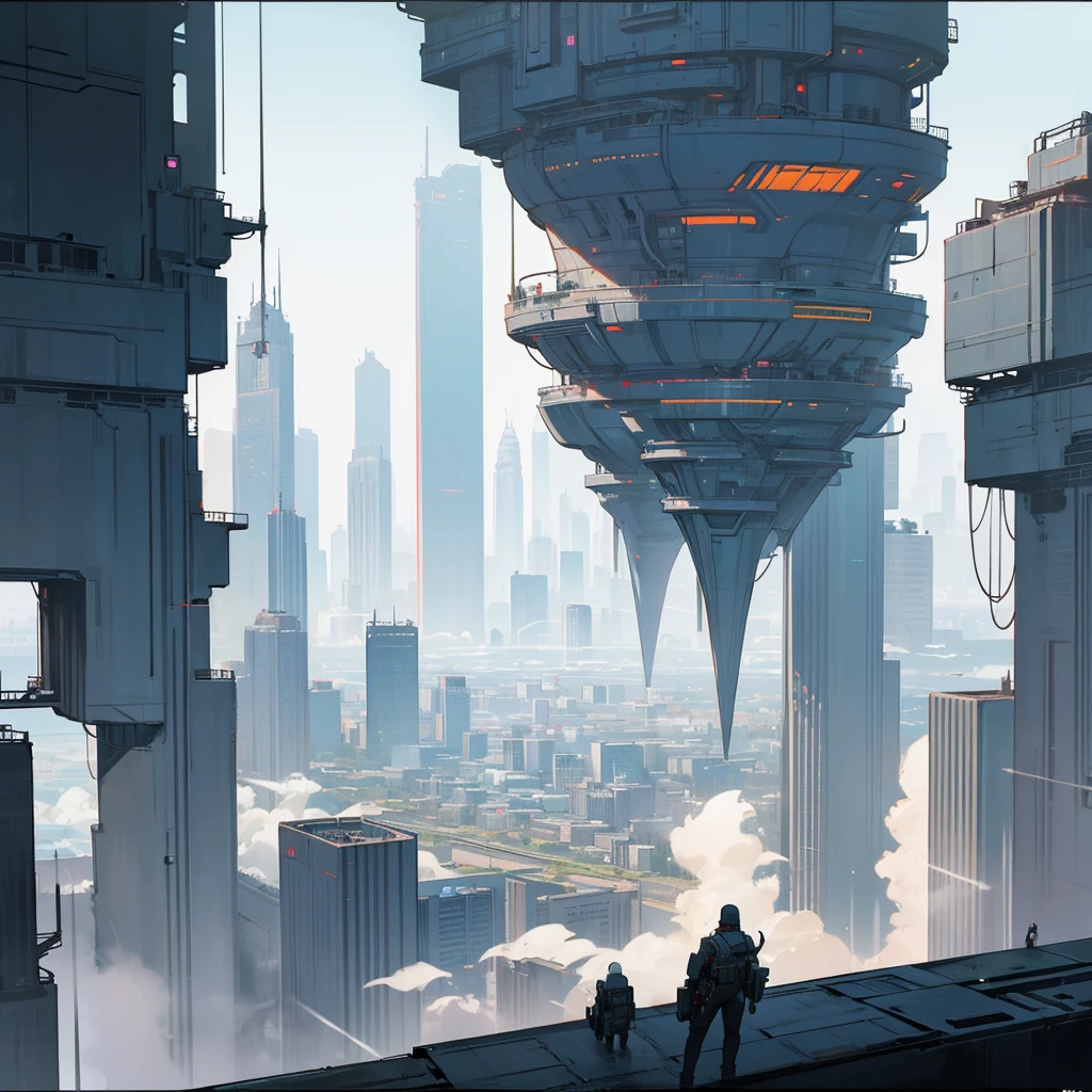 Panoramic view of a large landscape of a mega metropolis city with a futuristic retro future style with large buildings and large skyscrapers of sizes of 900 meters high that the buildings have all kinds of shapes and geometric shapes that the buildings are made of dark black metal and that the city is super technologically advanced that the city has streets and some small buildings ,that it has a dystopian style and that there is fog and that the architecture of the city is impressive and that it has a dystopian style