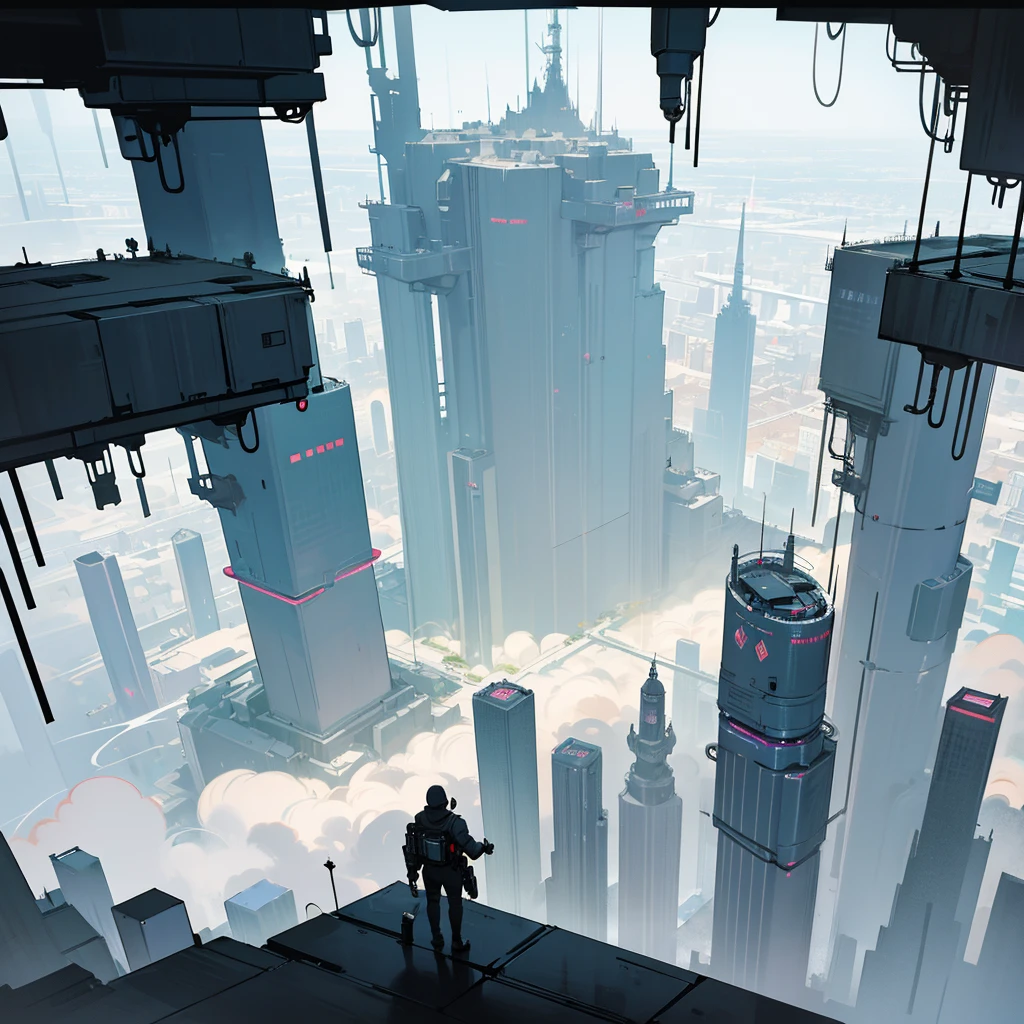 Panoramic view of a large landscape of a mega metropolis city with a futuristic retro future style with large buildings and large skyscrapers of sizes of 900 meters high that the buildings have all kinds of shapes and geometric shapes that the buildings are made of dark black metal and that the city is super technologically advanced that the city has streets and some small buildings ,that it has a dystopian style and that there is fog and that the architecture of the city is impressive and that it has a dystopian style