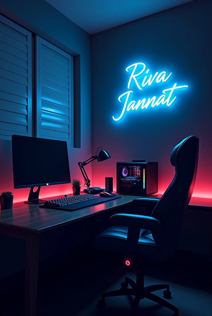 A captivating digital illustration of a personal
gaming room, exuding a dark and cozy ambiance.
The apple monitor is off, but the minimal RGB
neon lighting on the CPU and gaming keyboard
casts a soft glow. A low light from a lamp creates
shadows around the room, enhancing the moody
atmosphere. A distinct neon sign reading "Riva Jannat" in vibrant neon Blue colors adorns one
corner of the space. The desktop is illuminated
by a subtle RGB neon backlight, creating an
immersive and inviting gaming sanctuary. font to
be in minimal style