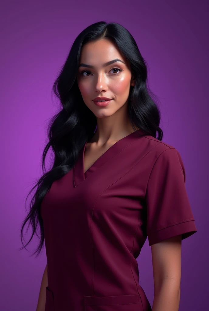 a latina doctor, long dark hair, 2, burgundy uniform, purple background, (best quality,4k,8k,highres,masterpiece:1.2),ultra-detailed,(realistic,photorealistic,photo-realistic:1.37),intricate details,high quality,cinematic lighting,dramatic lighting,volumetric lighting,3D rendering,oil painting