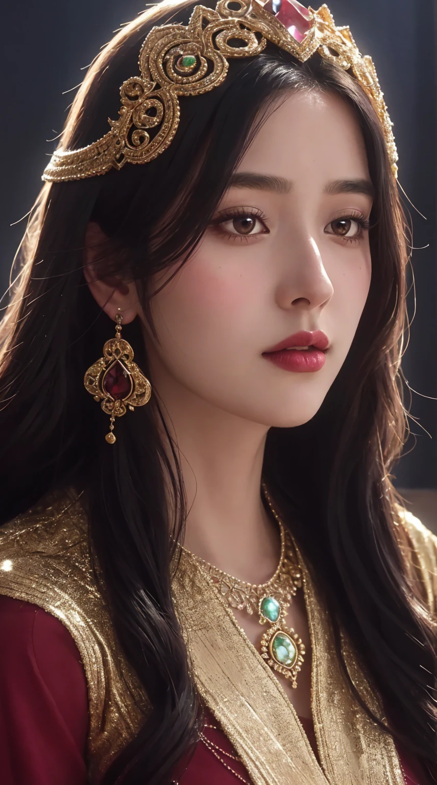a close up of a woman wearing a gradient red crystal jewel veil and a gold head piece, stunning digital illustration, face covered in beautiful veil,4k highly detailed digital art, beautiful digital artwork, arabian beauty, beautiful digital illustration, 8k stunning artwork, 8k high quality detailed art, intricate wlop, detailed beauty portrait, arabian princess, detailed beautiful portrait, beautiful art uhd 4 k