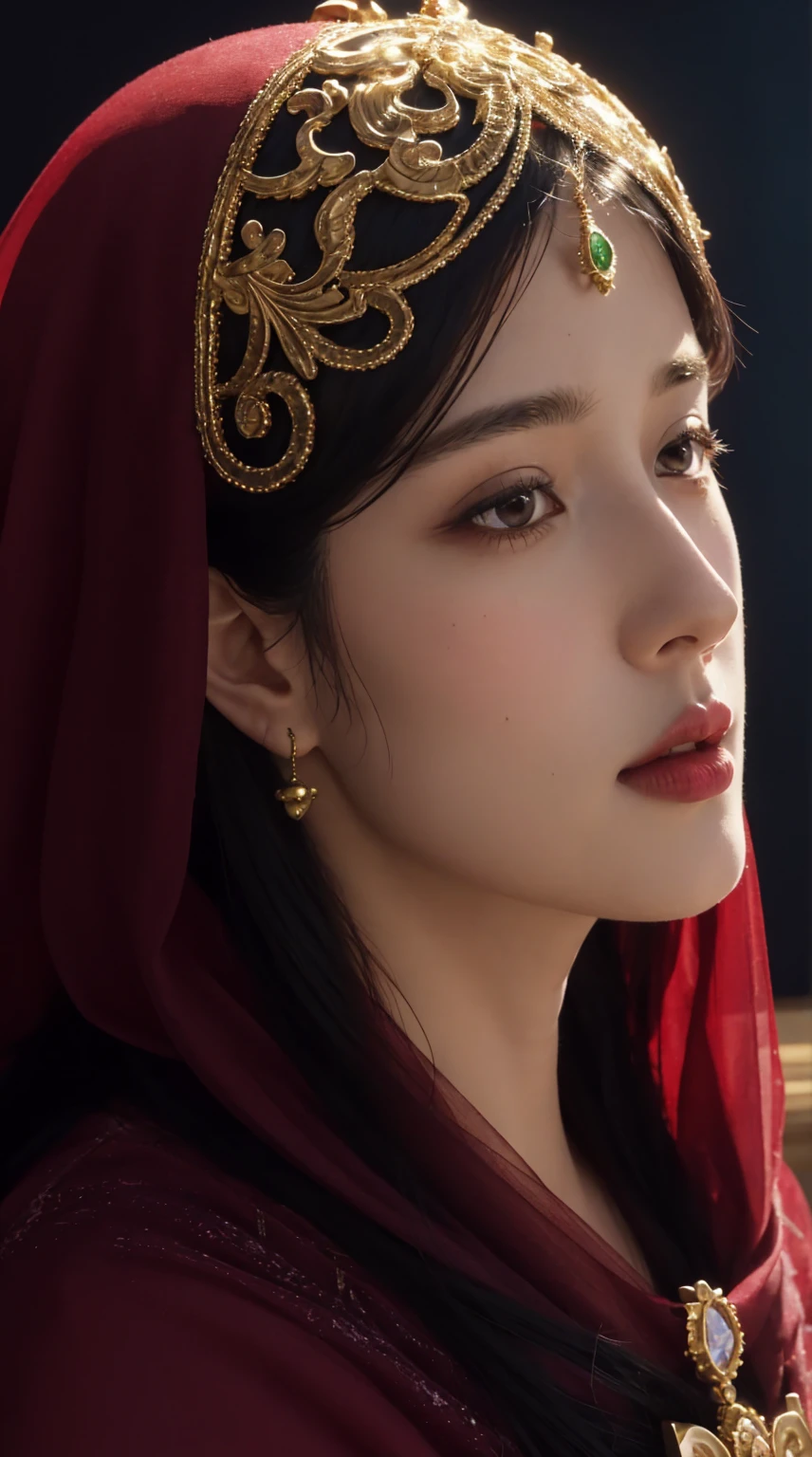 a close up of a woman wearing a gradient red crystal jewel veil and a gold head piece, stunning digital illustration, face covered in beautiful veil,4k highly detailed digital art, beautiful digital artwork, arabian beauty, beautiful digital illustration, 8k stunning artwork, 8k high quality detailed art, intricate wlop, detailed beauty portrait, arabian princess, detailed beautiful portrait, beautiful art uhd 4 k