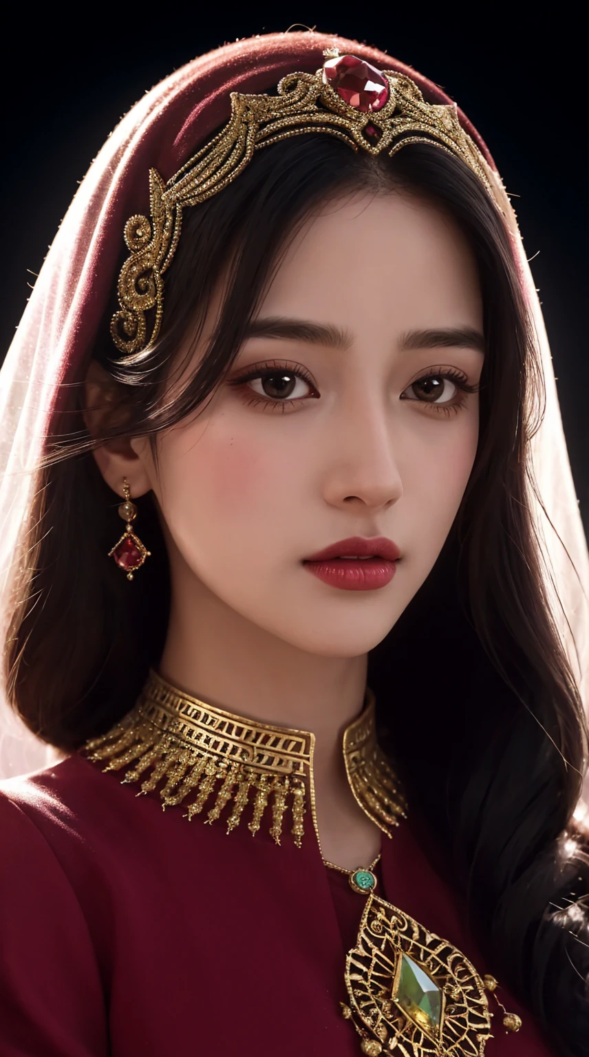 a close up of a woman wearing a gradient red crystal jewel veil and a gold head piece, stunning digital illustration, face covered in beautiful veil,4k highly detailed digital art, beautiful digital artwork, arabian beauty, beautiful digital illustration, 8k stunning artwork, 8k high quality detailed art, intricate wlop, detailed beauty portrait, arabian princess, detailed beautiful portrait, beautiful art uhd 4 k