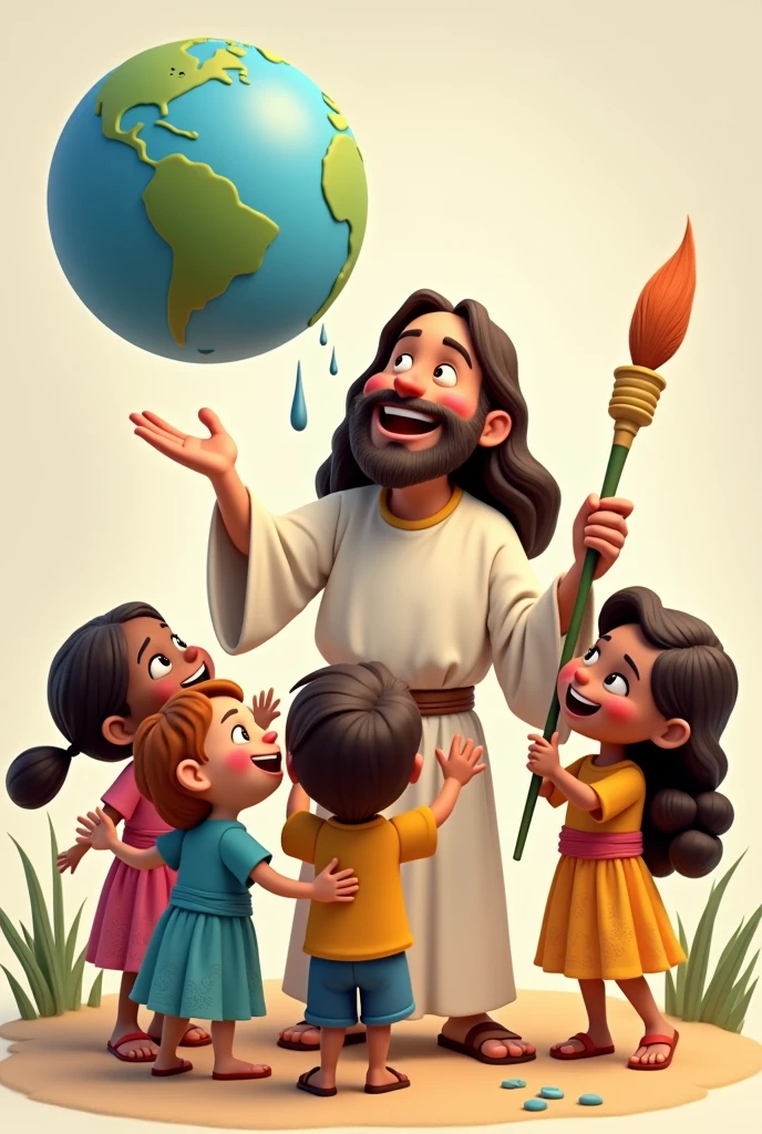 3d cartoon of Jesus painting the planet earth with a brush and children of various races happy and wearing colorful clothes next to Jesus