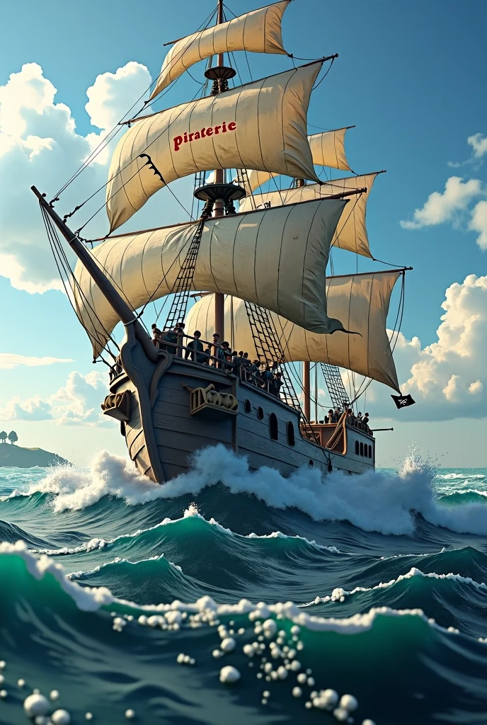 Generate me a picture of a pirate ship on the sea, avec un drapeau où il y a écrit  « piraterie » 