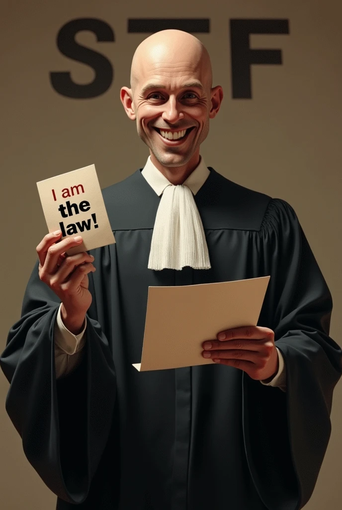 A completely bald supreme court judge with a mischievous smile holding a paper in one hand with the exact wording "I am the Law!", in the background a wall with the word STF written on it