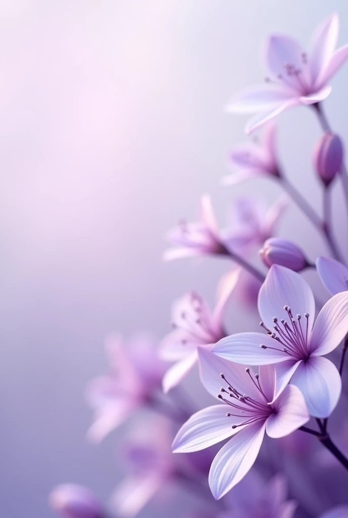 The upper left half is a soft purple flower々It is filled with。Flowers in different purple tones、It blooms gracefully。The background is a light color。The background is blurred。