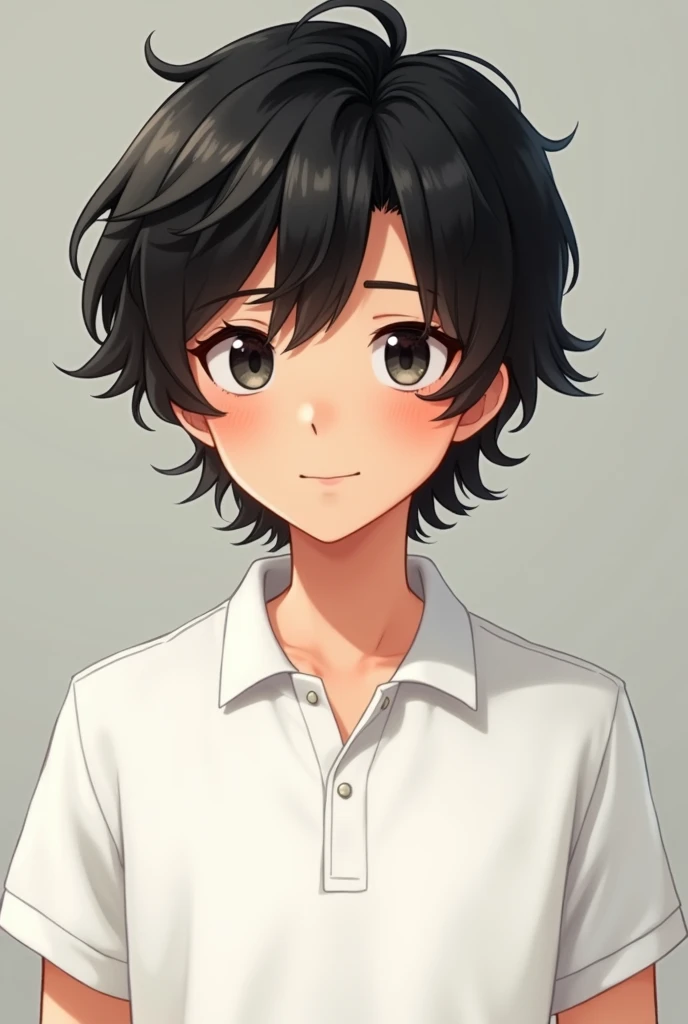 Boy with shoulder length black hair and white polo shirt