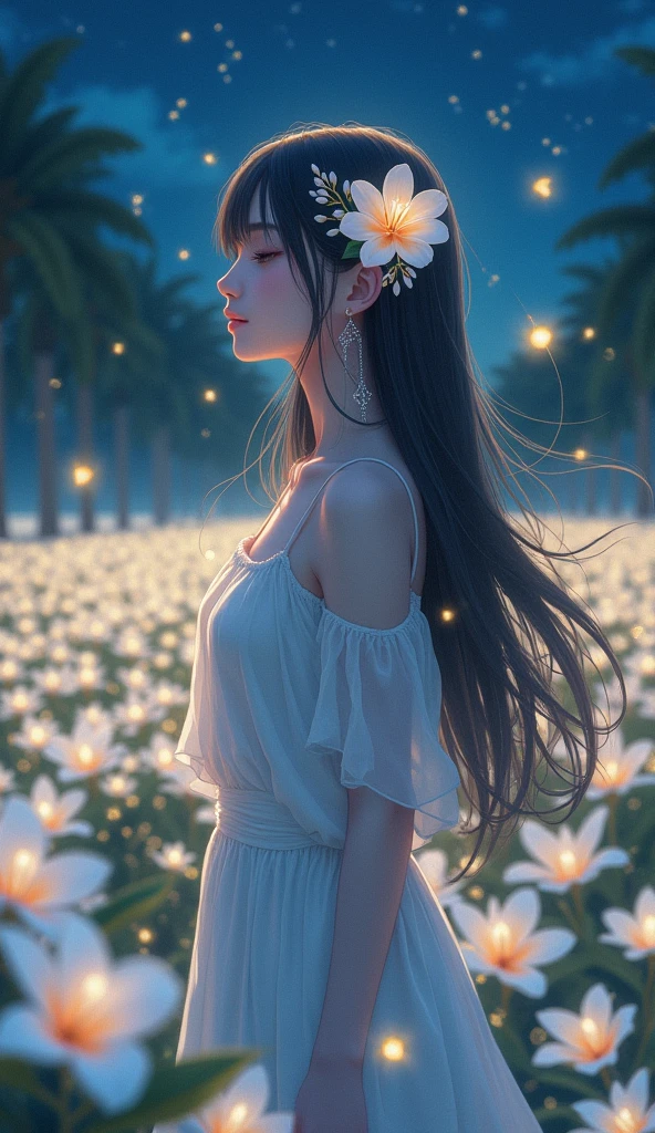 plumeria flower turned human girl, night time, fireflies, plantation of white plumeria flower, Sparkle, Silhouette, Accurate, Masterpiece, High Resolution,Hair Ornament, POV,myth, anime, Bloom, Hair Ornament, Hair Flower, Long Hair, Hair Between Eyes, Closed Eyes, Earrings, Depth Of Field, Feet Out Of Frame, wallpaper, girl in the middle