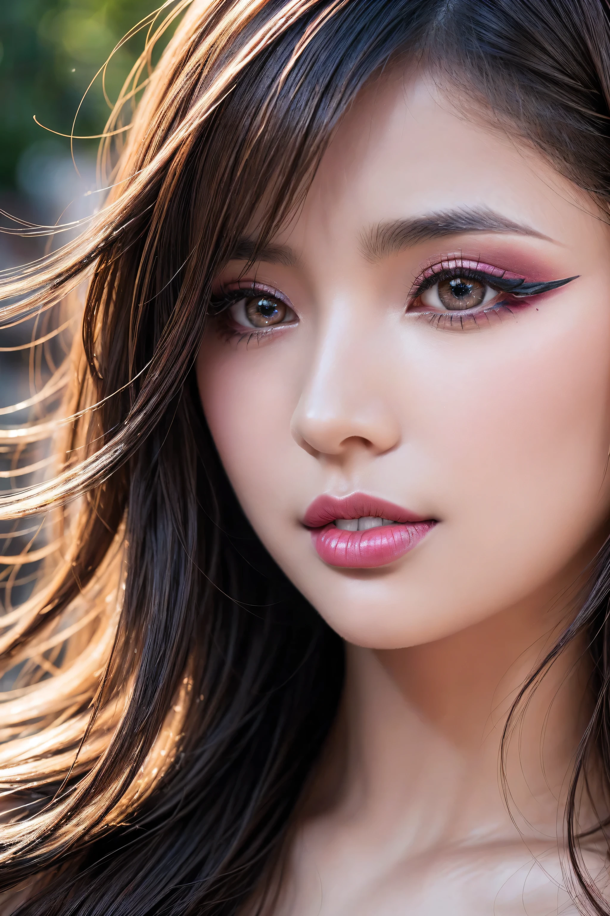 Realistic (photorealistic Realism), (high resolution), ((intricately detailed digital art)). (ultra realistic texture details: velvety skin, hair.), (ultra quality), professional photography, (glamour shot of Japanese woman:1.3), (intricately detailed clear and sharp perfect round realistic brown_eyes), (droopy eyes), BREAK, detailed lips:1.3, (red_lipstick:1.12), (pink_makeup:1.25), (long_blue_eyeliner:1.4), ((perfect dark_eyeshadows:1.55)), (there a close up of a woman's), (super detailed makeup on eyes), Thin eyebrows (Carefully draw eyelashes, Eyelash extensions), ((dry skin)), ((baba z cycami i hujem na czole XD)), focus of woman, dynamic pose, ((sexy and seductive, flirty smile)), (sharp focus, captured by Fujifilm XT3, f 5.6, in exquisite balance of shadows, perfect composition). ((upper body shot)), (look at the viewer). \ e Z e \ 4fan