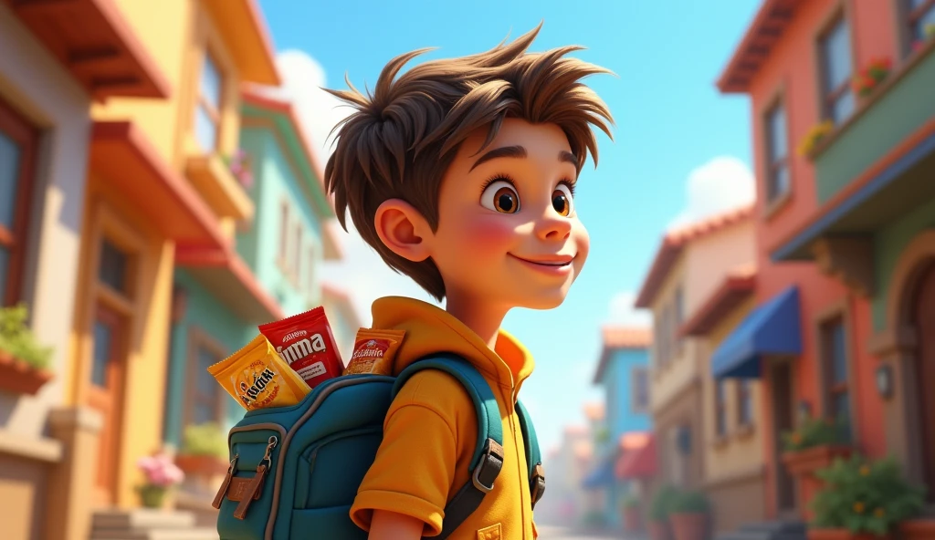 Boy image for YouTube video story in Pixar style, He is a little Alla Bester., He is the class leader., He is about to go out., Playful and curious about many things, short hair, Jack grabbed his backpack, filled it with his favorite snacks