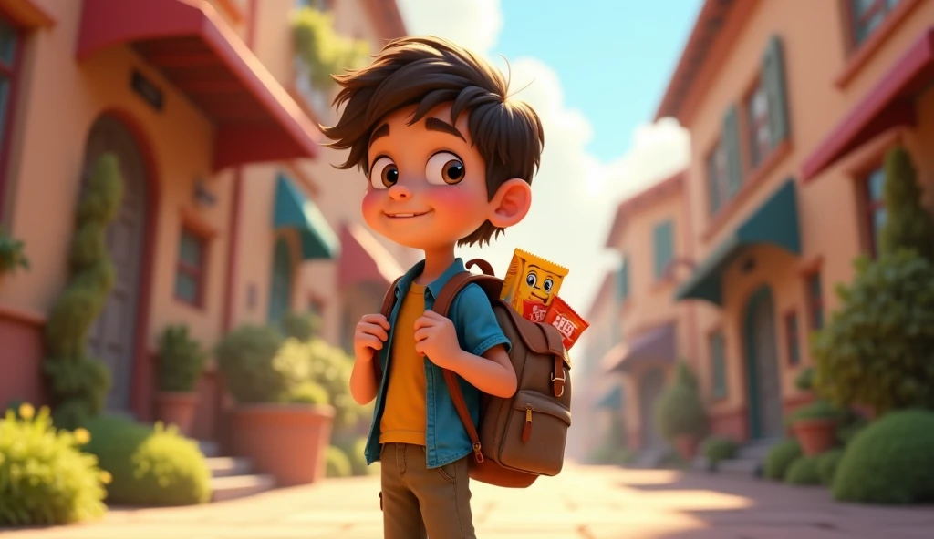 Boy image for YouTube video story in Pixar style, He is a little Alla Bester., He is the class leader., He is about to go out., Playful and curious about many things, short hair, Jack grabbed his backpack, filled it with his favorite snacks