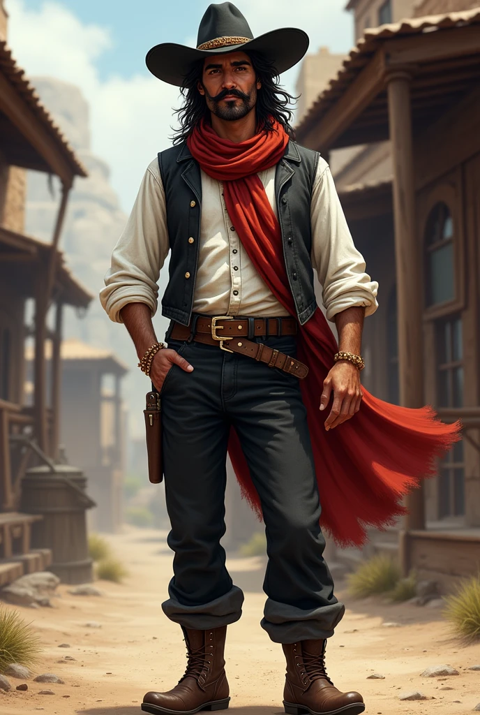 Create a full-body artwork of a well-groomed adult Mexican street vendor with long, messy dark hair and a well-groomed mustache and goatee. He wears a dark vest and a plain white shirt. He wears a black hat. He wears black pants with a buckle. A red scarf is wrapped around his neck and boots with spurs. One hand is in his pocket. The character should be styled in a fantasy RPG art style, set in the Wild West. He is a mature man and finished art.