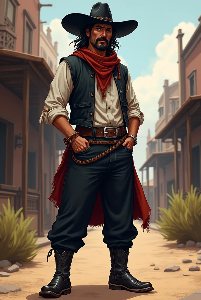 Create a full-body artwork of a well-groomed adult Mexican street vendor with long, messy dark hair and a well-groomed mustache and goatee. He wears a dark vest and a plain white shirt. He wears a black hat. He wears black pants with a buckle. A red scarf is wrapped around his neck and boots with spurs. One hand is in his pocket. The character should be styled in a fantasy RPG art style, set in the Wild West. He is a mature man and finished art.