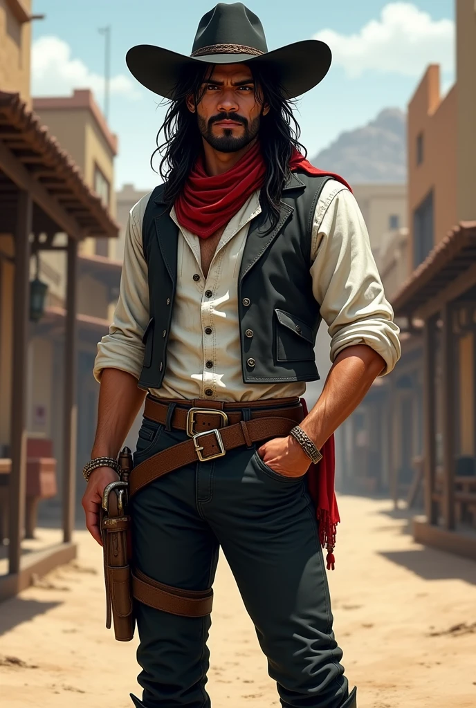 Create a full-body artwork of a well-groomed adult Mexican street vendor with long, messy dark hair and a well-groomed mustache and goatee. He wears a dark vest and a plain white shirt. He wears a black hat. He wears black pants with a buckle. A red scarf is wrapped around his neck and boots with spurs. One hand is in his pocket. The character should be styled in a fantasy RPG art style, set in the Wild West. He is a mature man and finished art.