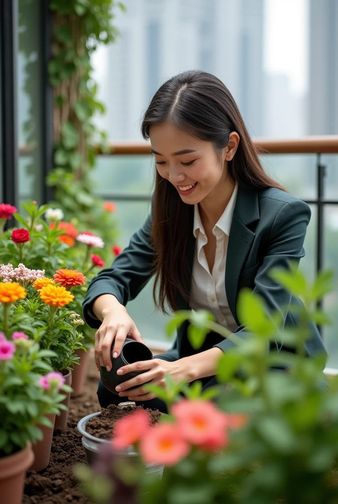 a corporate girl doing gardening in her balcony with lots of plants including fliwers , show plants . She is pouring nutrients to plants