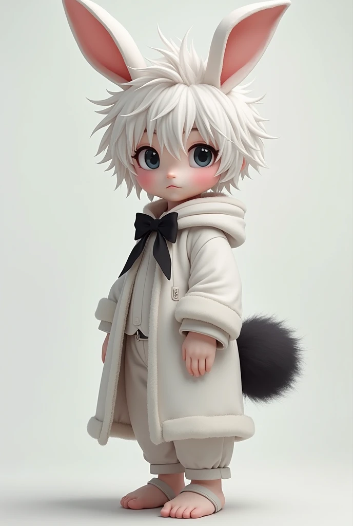 Young man with fluffy black tail messy white hair medium white bunny boy outfit black pants black eyes white bow behind head medium 