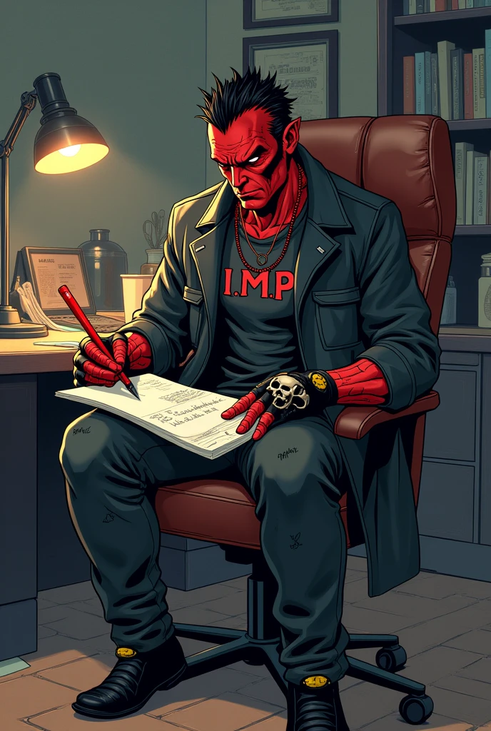 Blitzo Buckzo, the unflappable founder of I.M.P., stands alone in his chaotic office, the light from the lamp casting dancing shadows across the cluttered walls. He sits in a torn leather swivel chair, his relaxed posture belied by the tension visible on his face. Blitzo’s red skin is marked by white spots, and his black spines run along the back of his head and shoulders, ending in a pointed tail that twitches nervously. His red eyes glow with a mix of wear and determination. He wears a worn dark gray coat with red buttons that clash with the rest of his clothing, and a black T-shirt with an I.M.P. logo that has been worn for years. His black fingerless gloves are adorned with large yellow details, one of which glows faintly, reminiscent of the asmodian crystal he carries. His feet are clad in high black boots that fit his claws, with visibly worn heels. Around his neck, a red skull charm necklace is a constant reminder of his circus past. Amidst the chaos of papers and documents scattered across his desk, Blitzo is absorbed in a drawing. He is holding a sharp pencil, his expression one of intense concentration, a rare break from his usual sardonic expression. He is frantically scribbling a sketch of a new plan, probably a new attempt to save I.M.P. from an impending crisis. Frustration is visible in his furrowed brow and his eyes fixed on the paper, as he tries to channel his chaotic energy into something productive. The scene reveals a more vulnerable side of Blitzo, a moment where his usual bravado gives way to a desperate need to control his uncertain destiny. Make it anime style 