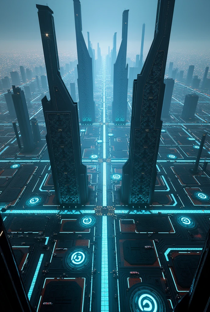 City from the movie Tron Legacy seen from above in 2560 by 1440 format