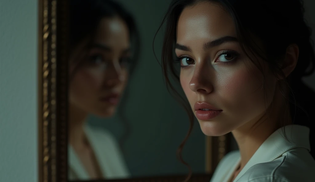 (masterpiece, best quality:1.2), (woman standing in front of a mirror, intense self-reflection:1.3), (focus on the woman, determined gaze:1.3), (shadow of another person faintly visible in the mirror:1.1), (woman not looking away:1.3), (dramatic lighting, high contrast:1.2), (soft reflections, subtle details:1.2), (8K, ultra-detailed, hyper-detailed, RAW photo quality, Unreal Engine rendering:1.3)