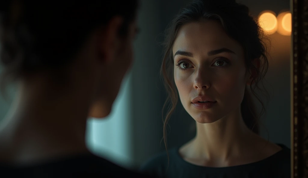 (masterpiece, best quality:1.2), (woman standing in front of a mirror, intense self-reflection:1.3), (focus on the woman, determined gaze:1.3), (shadow of another person faintly visible in the mirror:1.1), (woman not looking away:1.3), (dramatic lighting, high contrast:1.2), (soft reflections, subtle details:1.2), (8K, ultra-detailed, hyper-detailed, RAW photo quality, Unreal Engine rendering:1.3)