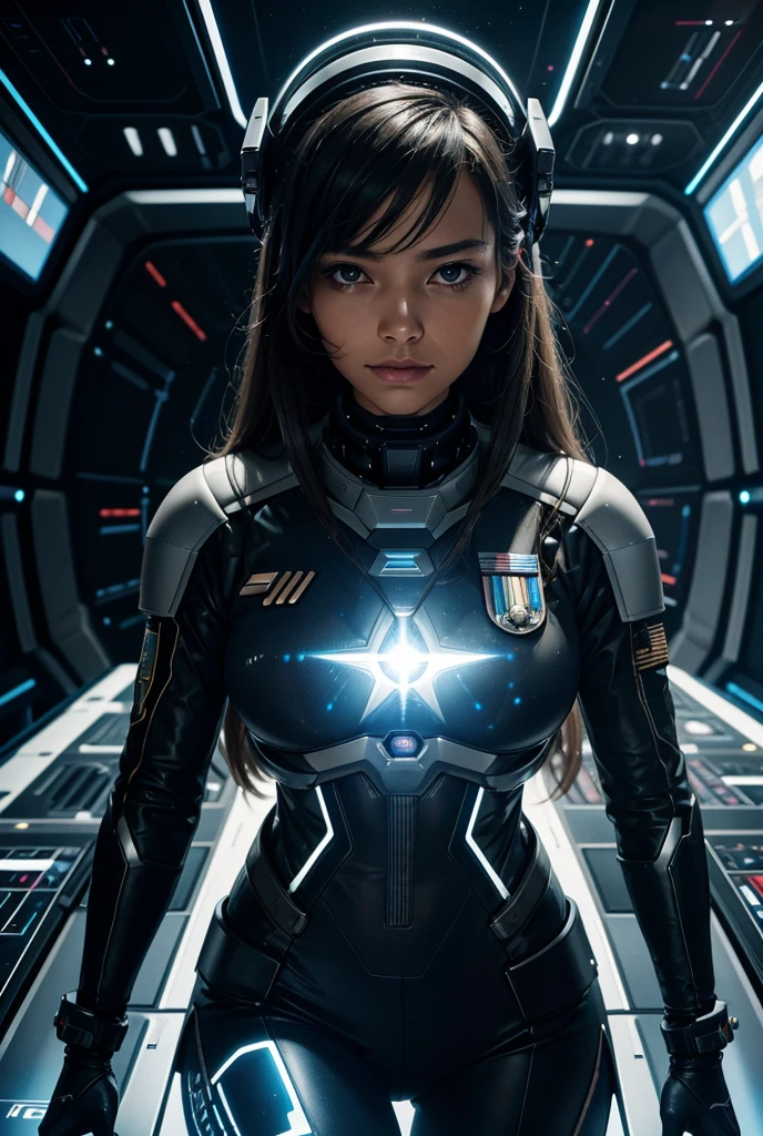 
a female interstellar fleet officer in a tight futuristic uniform with fleet insignia is in a meeting with other interstellar fleet officers, both human and alien, in front of her is a holographic screen,High Resolution, Long Hair, Anatomically Correct, Best Quality, Accurate, High Resolution, High Details, High Quality, Super Detailed