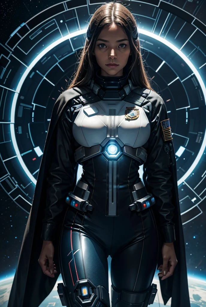 
a female interstellar fleet officer in a tight futuristic uniform with fleet insignia is in a meeting with other interstellar fleet officers, both human and alien, in front of her is a holographic screen,High Resolution, Long Hair, Anatomically Correct, Best Quality, Accurate, High Resolution, High Details, High Quality, Super Detailed