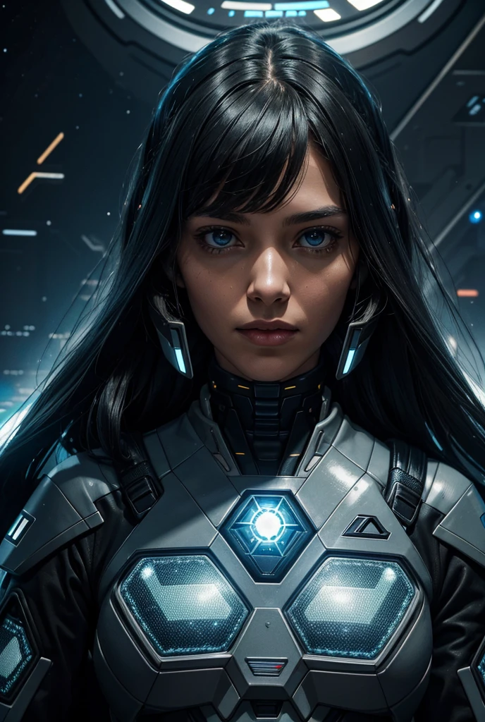 
a female interstellar fleet officer in a tight futuristic uniform with fleet insignia is in a meeting with other interstellar fleet officers, both human and alien, in front of her is a holographic screen,High Resolution, Long Hair, Anatomically Correct, Best Quality, Accurate, High Resolution, High Details, High Quality, Super Detailed