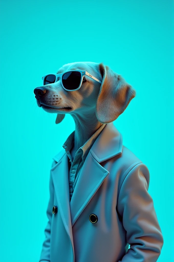 The best cell phone wallpaper, Award-Winning Wallpaper, portrait photography, In the front view is a portrait of a cute dog wearing mid-1960s space age fashion, Side view photo, Shot with Canon EOS R5, Set a strong contrast that accentuates the subject, Fluorescent blue tone, Wearing a very modern coat and sunglasses is a modern 1960s style, Clothes all in one color, beautiful background