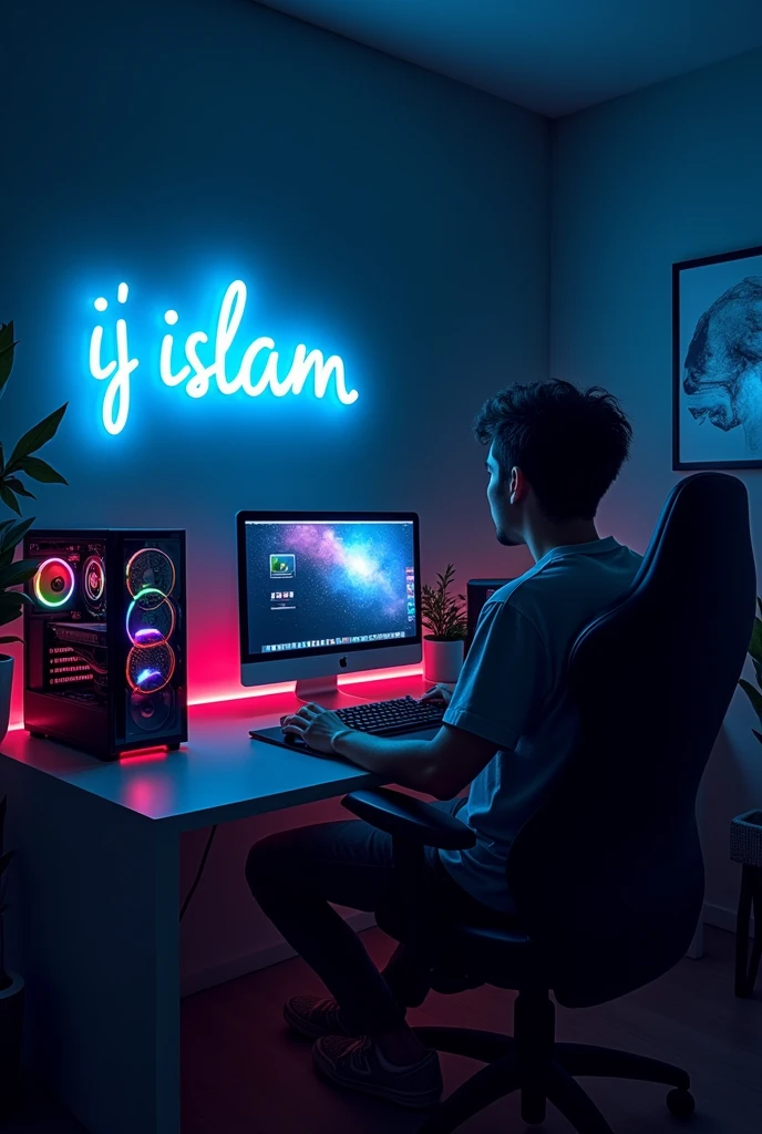 A captivating digital illustration of a personal

gaming room, exuding a dark and cozy ambiance.

The apple monitor is off, but the minimal RGB

neon lighting on the CPU and gaming keyboard

casts a soft glow. A low light from a lamp creates

shadows around the room, enhancing the moody

atmosphere. A distinct neon sign reading "Ij islam" in vibrant neon Blue colors adorns one

corner of the space. The desktop is illuminated

by a subtle RGB neon backlight, creating an
immersive and inviting gaming sanctuary. font to
be in minimal style