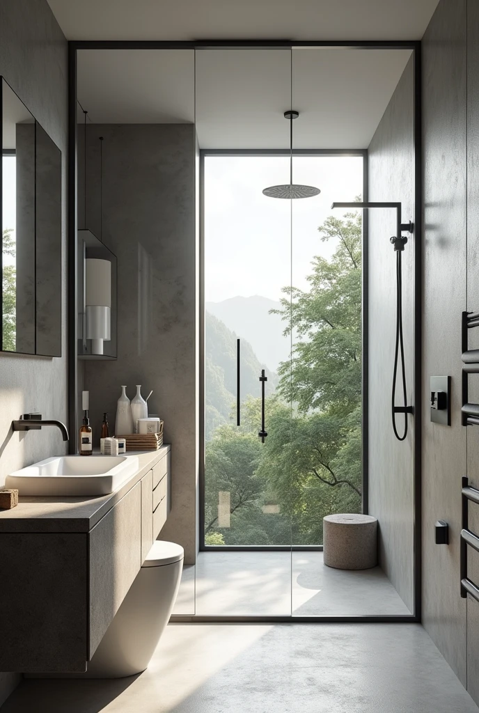 bathroom contemporany, ultra-realistic , 8k, ultra realistic render , 4K , photo realist , glass box up to the ceiling , metal therefore , matte gray floor , stone countertop 