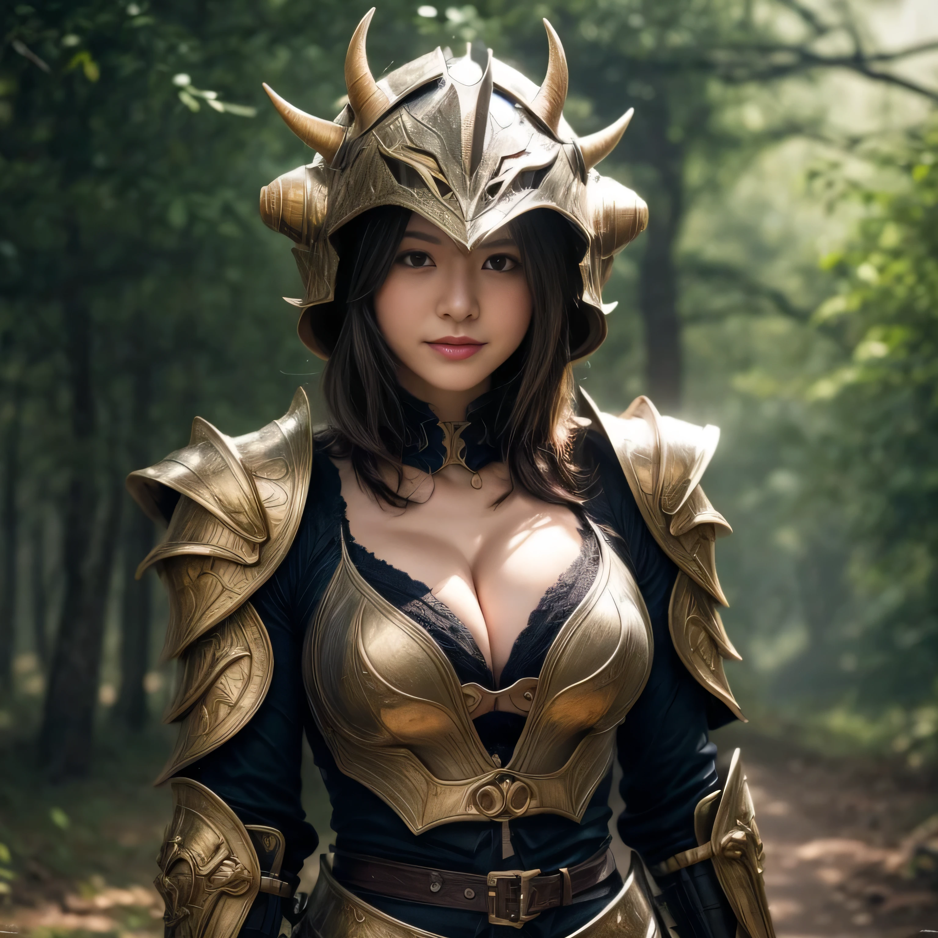 Professional , ​masterpiece、top-quality、photos realistic , depth of fields 、（Dragon Black Metal Body:1.９),(Mattretto、（cleavage of the breast）、Dragon Gold Weapon、（Plate Armor:1.４),Gorgeous gold weapons ,Particles of light、Particles of light、（（ Dragon's dense and gorgeous sword）） , （fur cloak）、（（a blond））、（Castle background）、（（Gangle's forest background））、Take intense poses、Beautiful Caucasian beauty、１a person、dynamic ungle,(((Detailed and ornate dragon helmet)))、Smaller head、A smile、Castle background、Thin and beautiful female hands、cleavage of the breast、Soldier in iron armor on background、Mystical expression、Light Effects、intense fighting、Wind-effect、magic circles、With the legendary magic wand、Dragon's scale armor、explosions、full body, hips up