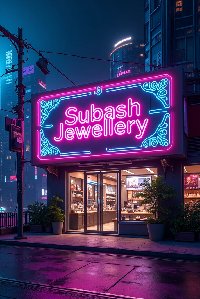 Subash Jewellery Rameswaram name board at neon city with ptange background 