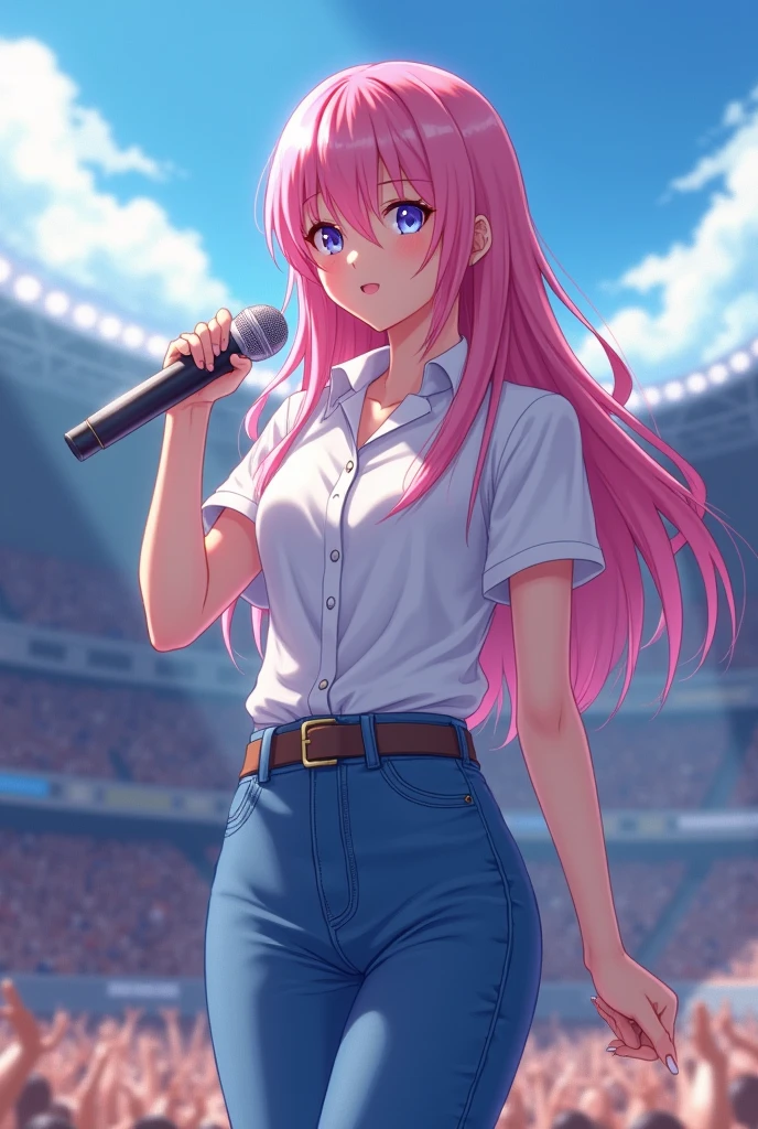 make me a japanese idol girl with long pink hair and white shirt and blue jeans in the stadium performing her new songs
have microphone in her hand
real person